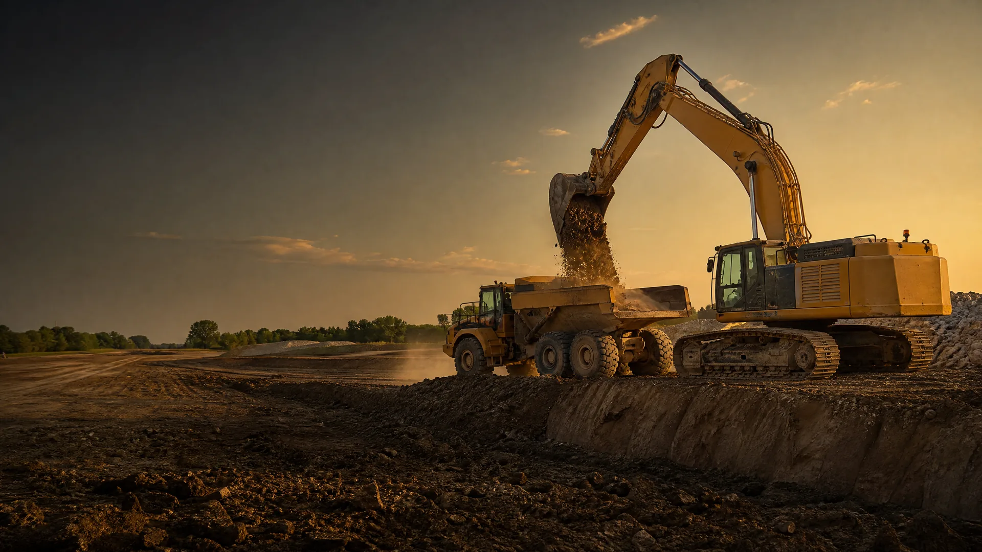 Excavators working on a large earthwork site at golden hour